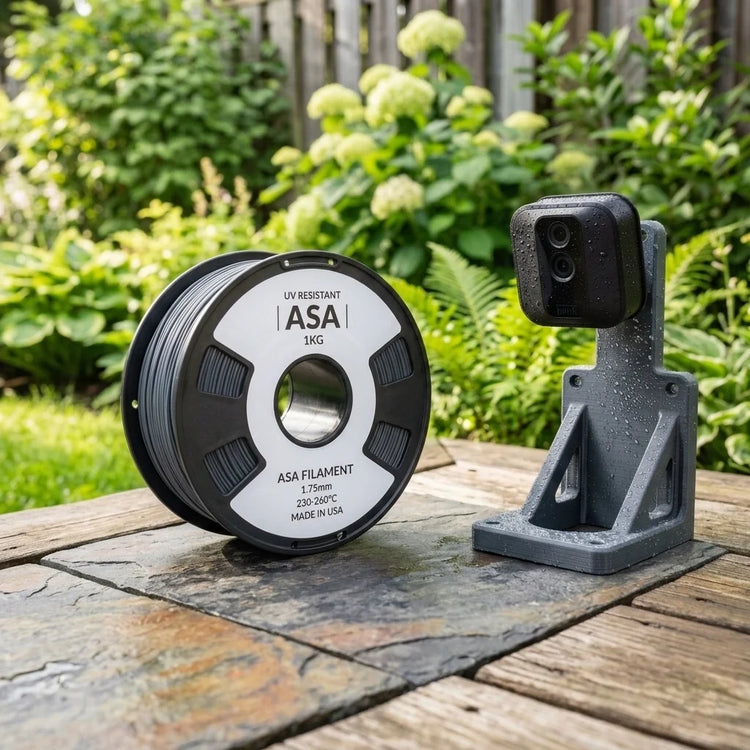 A spool of matte dark grey ASA filament next to a 3D-printed mounting bracket holding a black outdoor security camera on a patio surface.