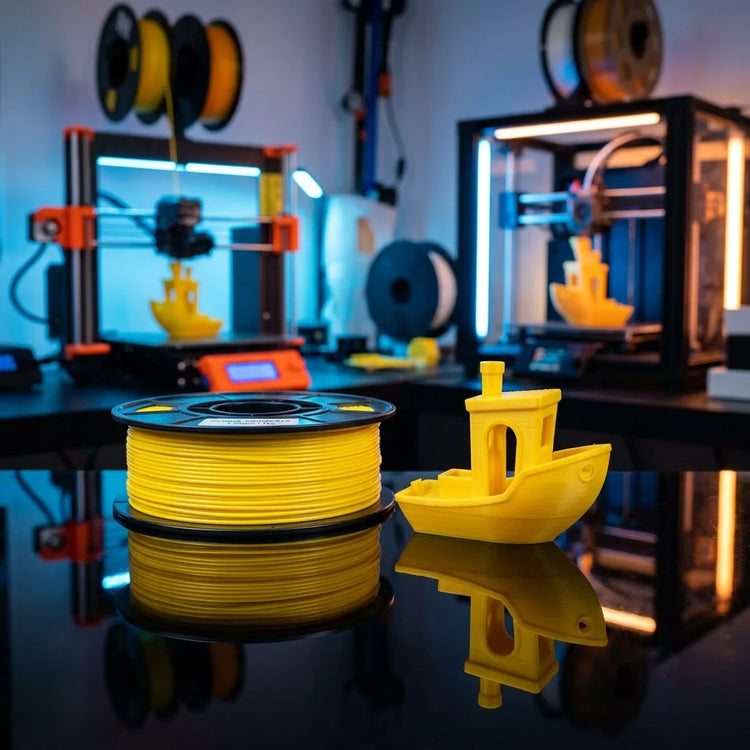 Beginner friendly yellow 3D printer filament spool and test print model