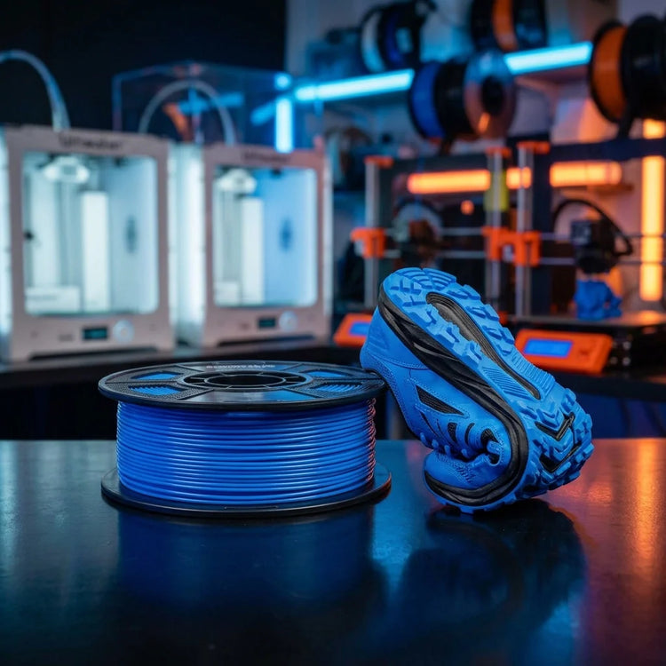 Blue flexible TPU 3D printer filament spool next to a 3D printed shoe in a professional 3D printing workshop