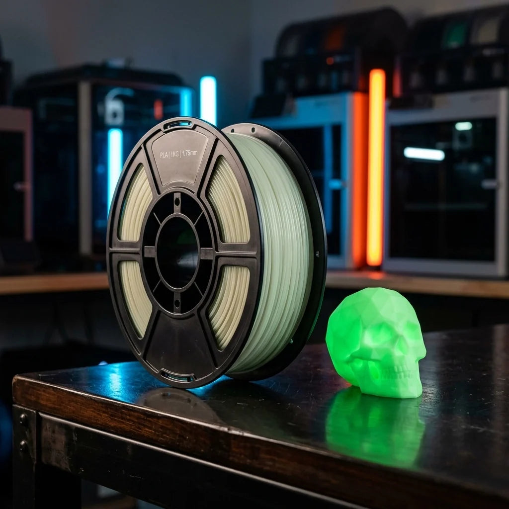 A 1kg spool of pale off-white photoluminescent glow-in-the-dark PLA filament on a dark reflective workbench with a glowing geometric skull and blurred 3D printers with blue and orange neon light bars.
