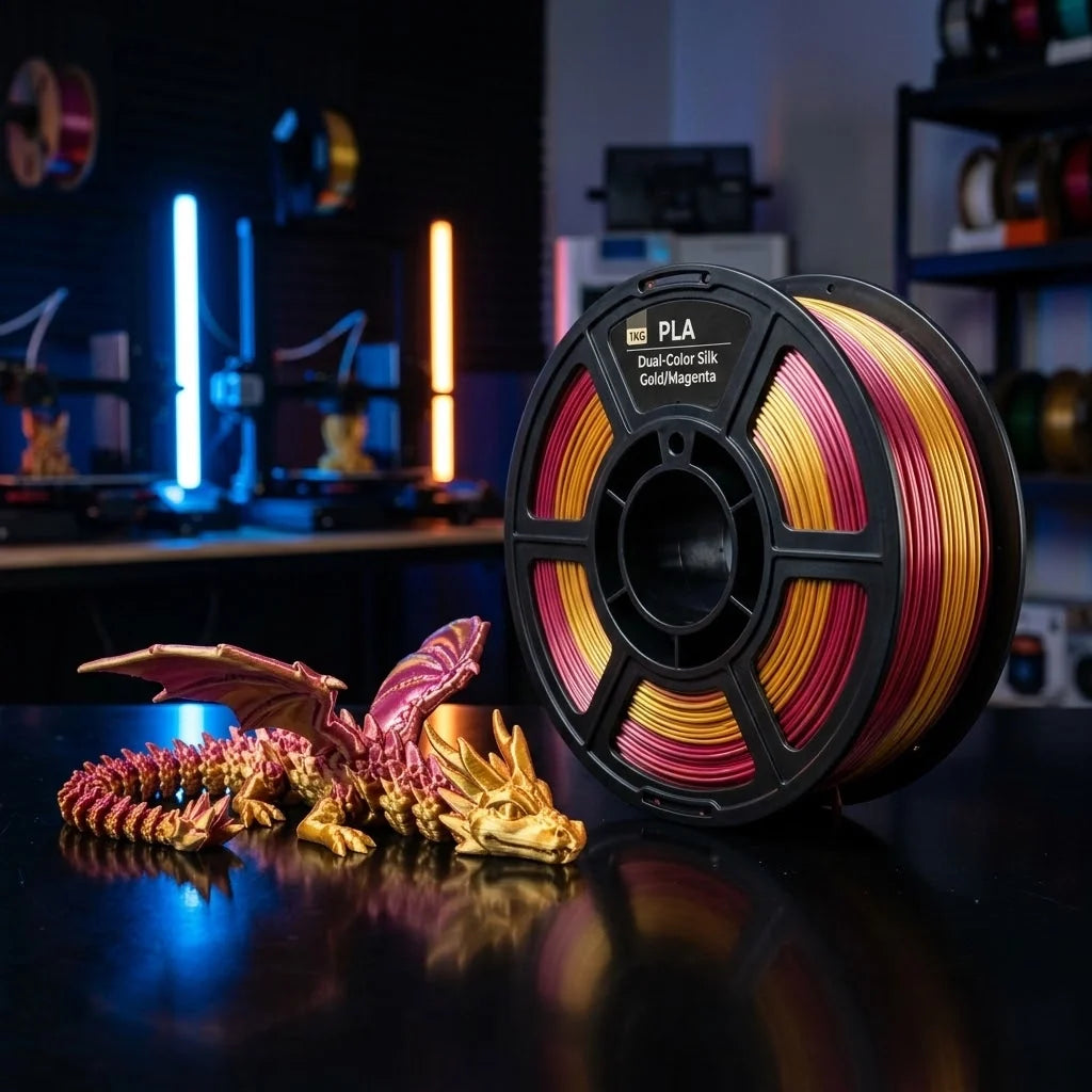 Gold and magenta dual-color silk PLA filament spool next to a matching 3D printed dragon model.