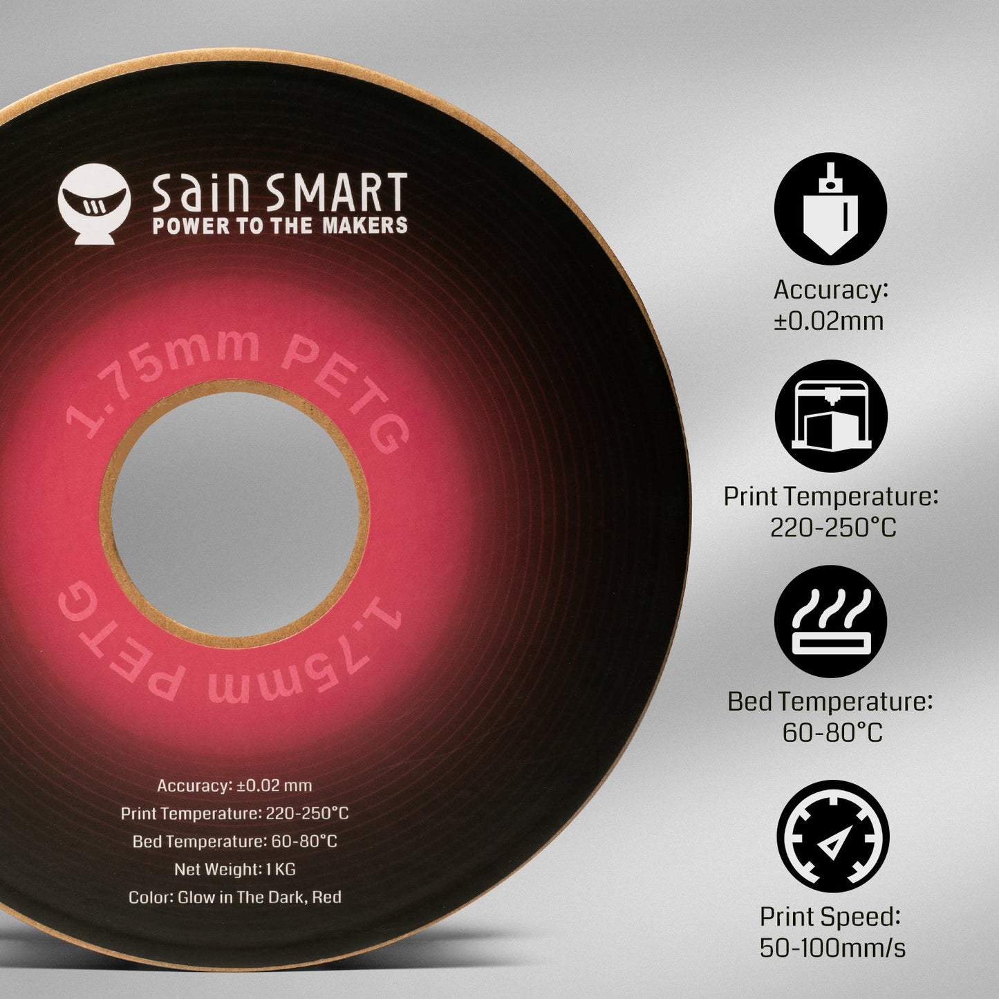 SainSmart Glow-in-the-Dark Red PRO-3 PETG Filament 1.75mm (1kg)