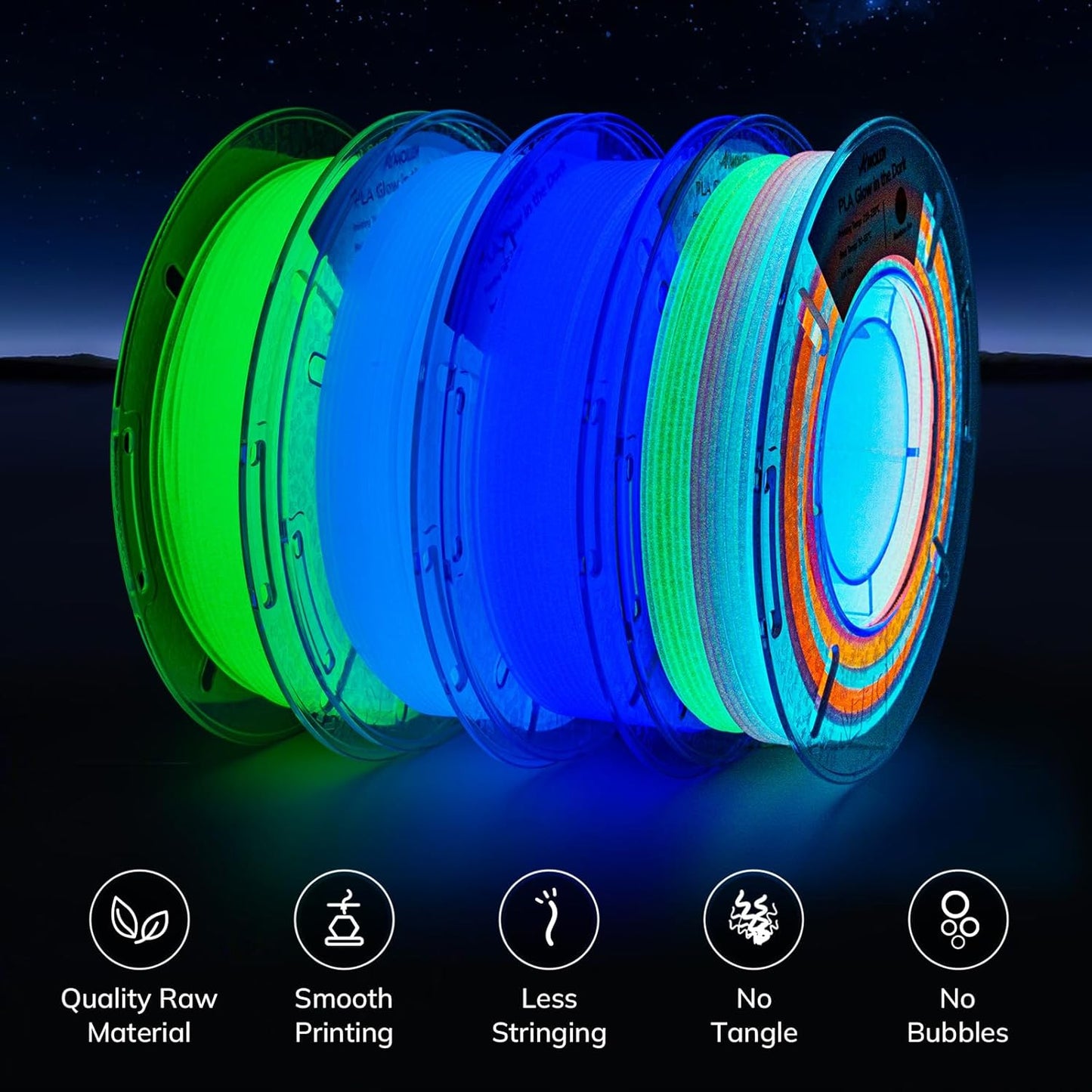 Amolen - Glow-in-the-Dark PLA Filament Variety Pack 1.75mm (4x 200g Spools)