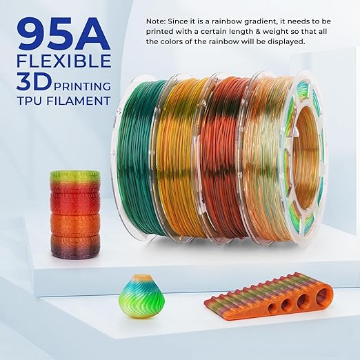 Amolen - Transparent Multicolor Rainbow TPU Flexible Filament Variety Pack - 1.75mm (4x200g)