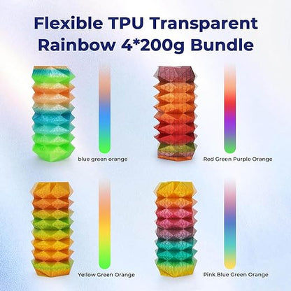 Amolen - Transparent Multicolor Rainbow TPU Flexible Filament Variety Pack - 1.75mm (4x200g)