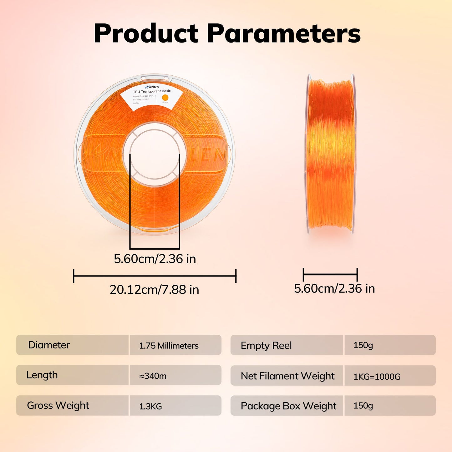 Amolen - Transparent TPU Filament 1.75mm (95A) - 1kg / 2.2lbs