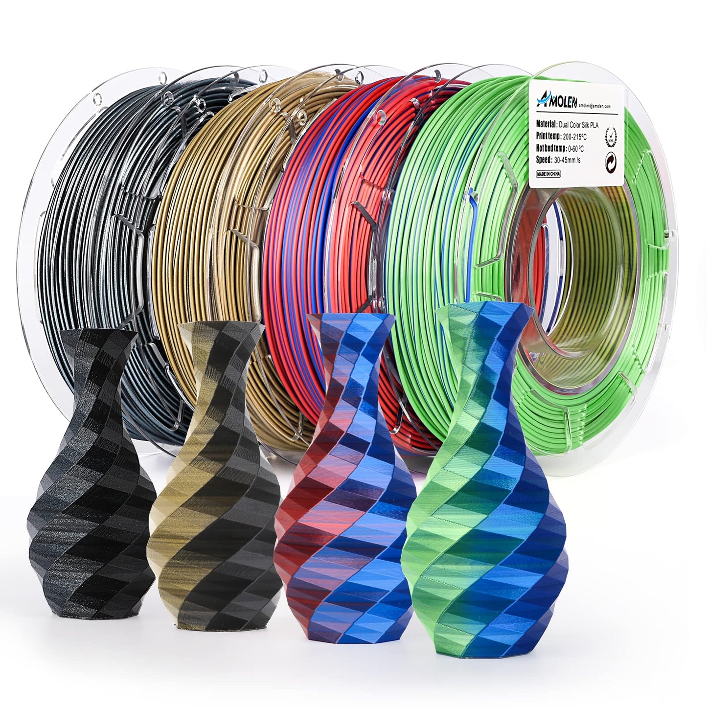 Amolen - Dual Color Silk PLA Filament Variety Pack 1.75mm (4x 200g Spools)