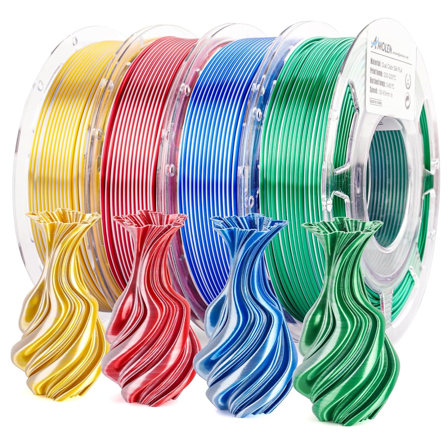 Amolen - Dual Color Silk PLA Filament Variety Pack 1.75mm (4x 200g Spools)