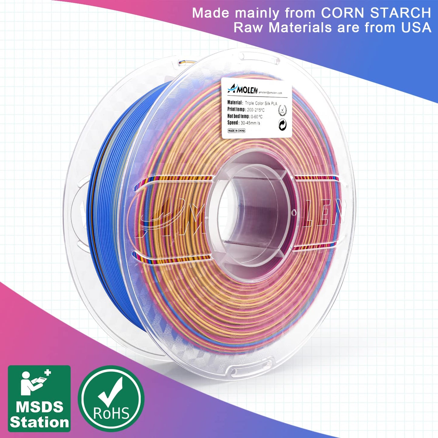 Amolen - Triple Color Silk PLA Filament Variety Pack 1.75mm (4x 200g Spools)