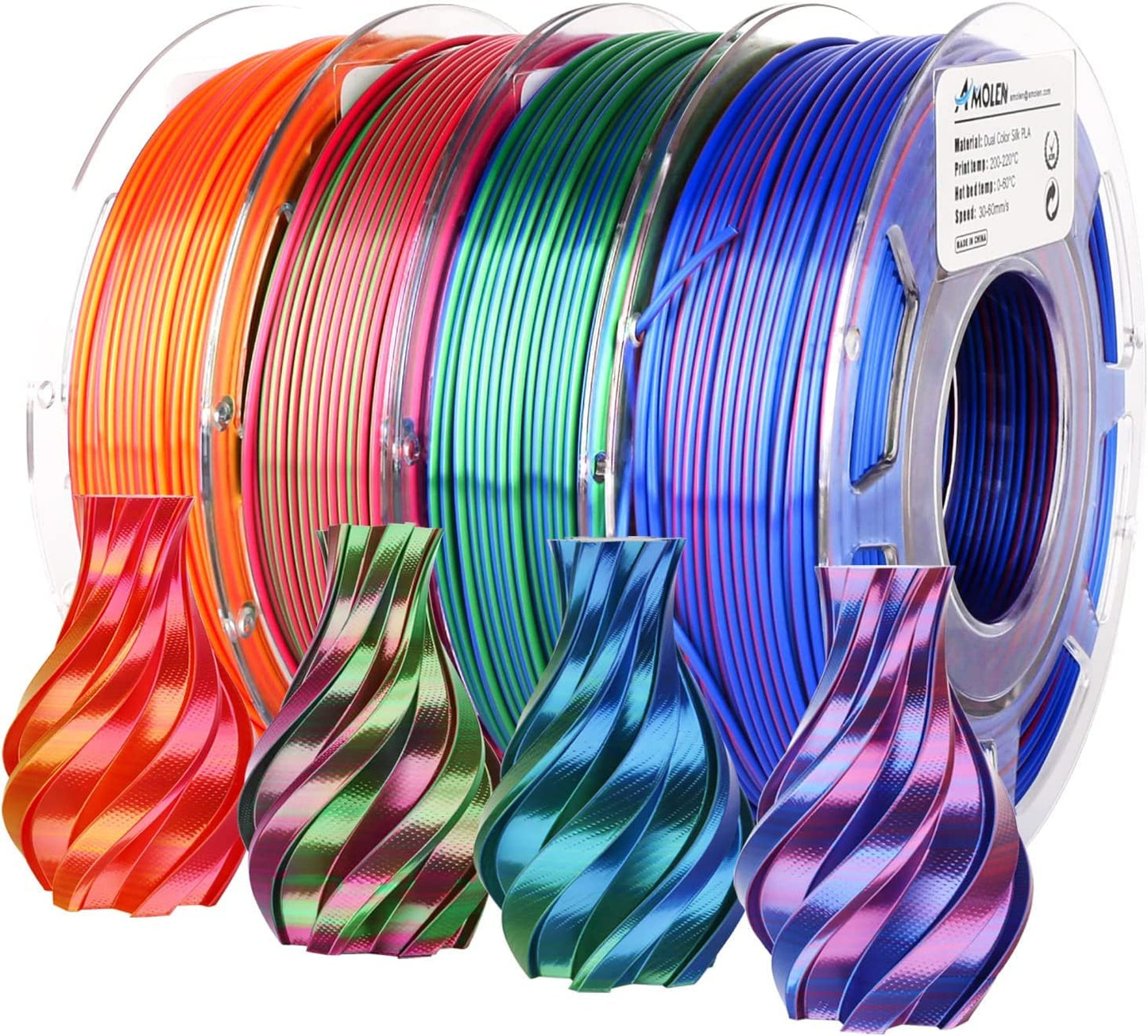 Amolen - Dual Color Silk PLA Filament Variety Pack 1.75mm (4x 200g Spools)